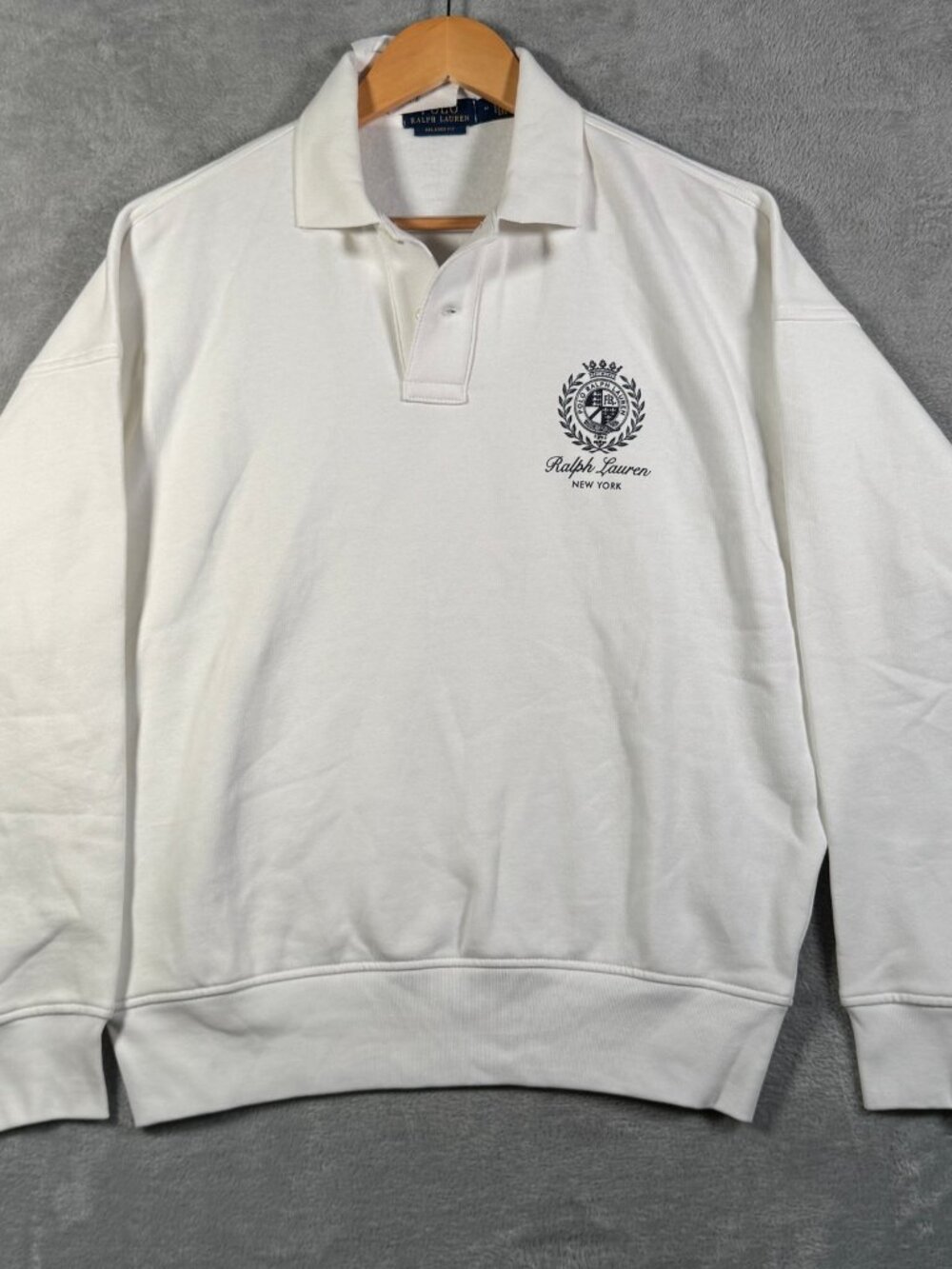 Polo Ralph Lauren Sweatshirt Mens M White Crest New York Rugby Collar Relaxed